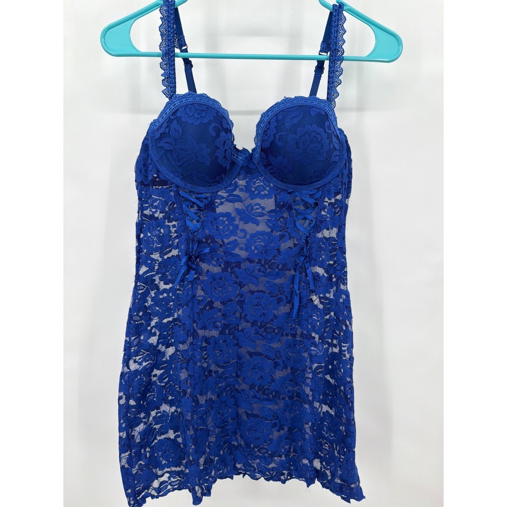 Jezebel Royal Blue Floral Lace Chemise Underwire Corset Lingerie Medium C Cup?